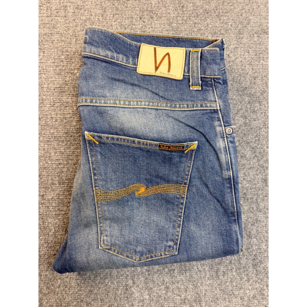 Nudie Jeans Co Mens 34x32 Blue Denim Faded Straight Leg Streetwear Workwear Pant